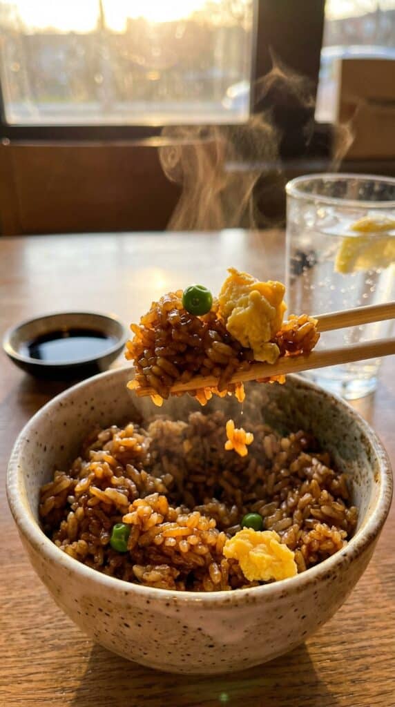 A close-up of wooden chopsticks lifting a bite of hot fried rice from a ceramic bowl.
