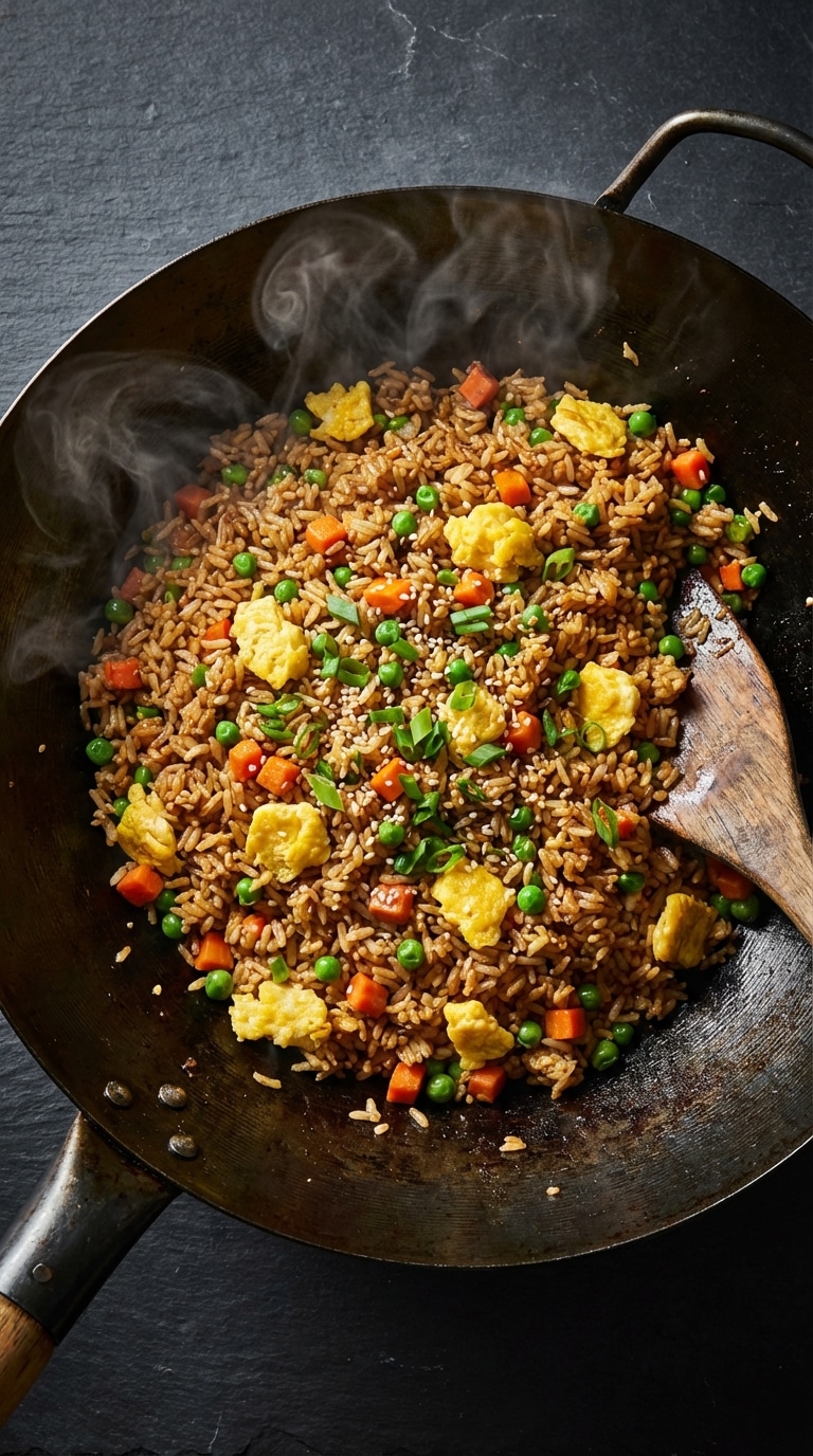 A top-down view of a hot wok filled with steaming fried rice, peas, carrots, egg, and green onions.
