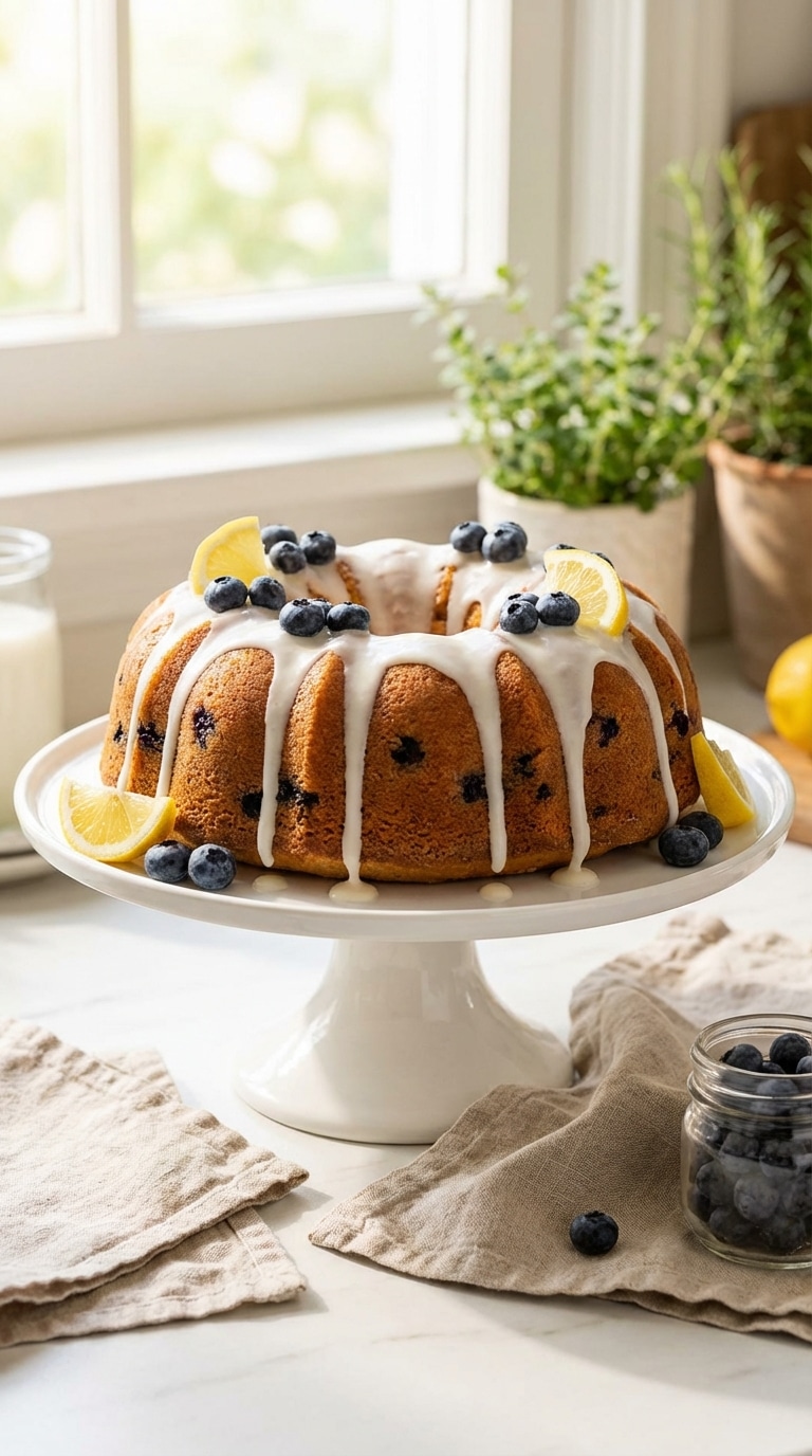 A whole glazed blueberry bundt cake garnished with fresh berries and lemon on a white cake stand.: A whole glazed blueberry bundt cake garnished with fresh berries and lemon on a white cake stand.