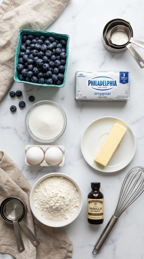 A flat lay showing fresh blueberries in a basket, a block of cream cheese, butter, eggs, flour, and sugar on a marble board.