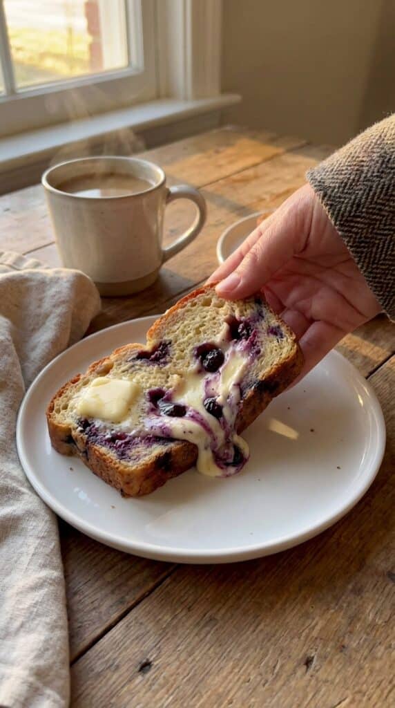 A close-up of a hand holding a thick slice of blueberry cream cheese bread with melting butter, with a coffee mug in the background.