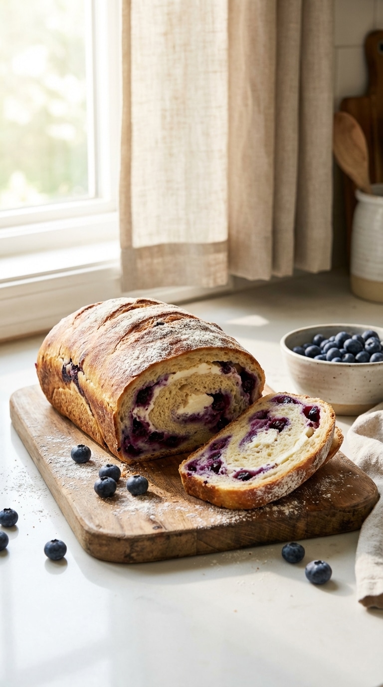 A whole baked blueberry loaf cake on a cutting board with one slice leaning against it, showing a thick white cream cheese swirl in the center.