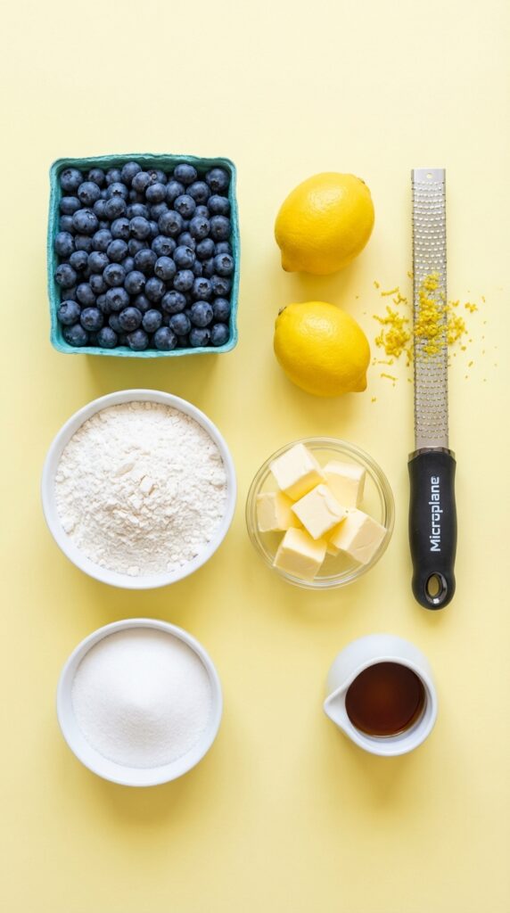 A flat lay showing fresh blueberries, lemons, a zester, butter, sugar, and flour on a pastel yellow background.