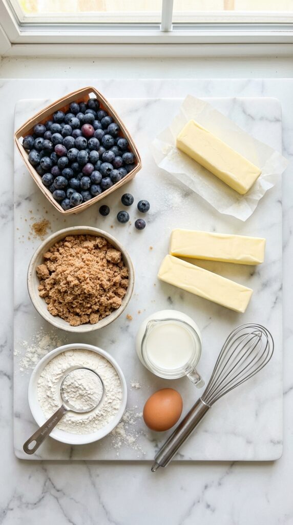A flat lay showing a basket of fresh blueberries, brown sugar streusel crumbs, butter, flour, milk, and an egg on a marble surface.