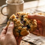 A close-up of hands breaking a blueberry muffin cookie in half, showing a soft, cakey interior and juicy baked blueberries, with coffee in the background.