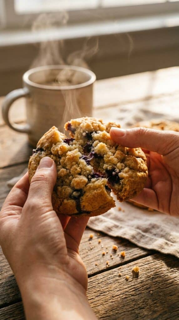A close-up of hands breaking a blueberry muffin cookie in half, showing a soft, cakey interior and juicy baked blueberries, with coffee in the background.