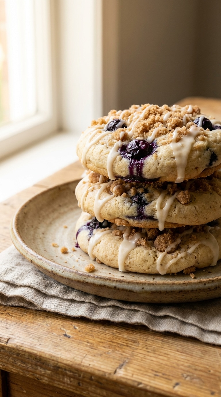 A stack of soft baked blueberry muffin cookies topped with brown sugar streusel and white vanilla glaze on a ceramic plate.