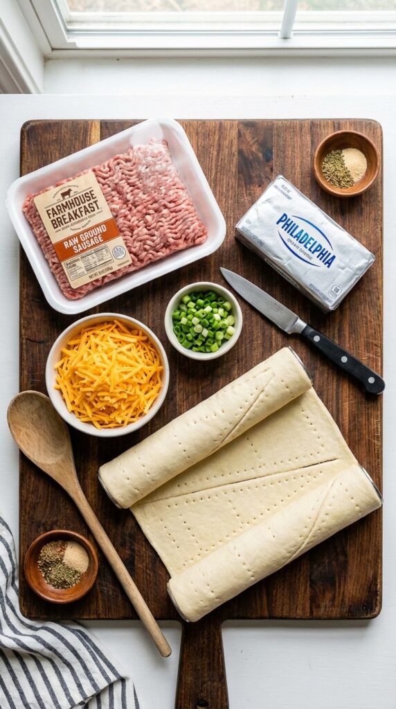 A flat lay showing ground sausage, cream cheese, shredded cheddar, green onions, and crescent dough tubes on a wooden board.