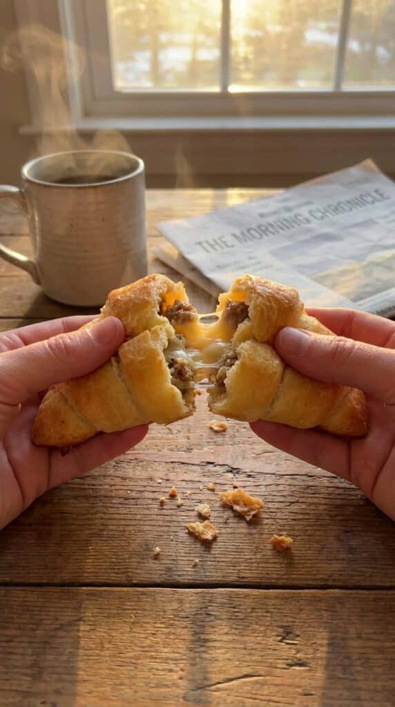 A close-up of hands pulling apart a warm sausage crescent roll, revealing a creamy, cheesy sausage filling inside, with coffee in the background.