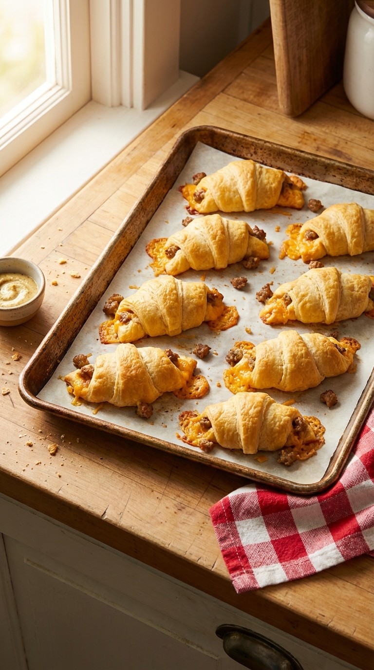 A baking sheet filled with golden-brown crescent rolls stuffed with a creamy sausage and cheese filling.