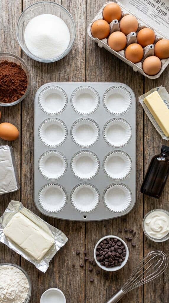 A flat lay showing cocoa powder, cream cheese, sugar, eggs, butter, sour cream, and a lined muffin tin on a wooden board.