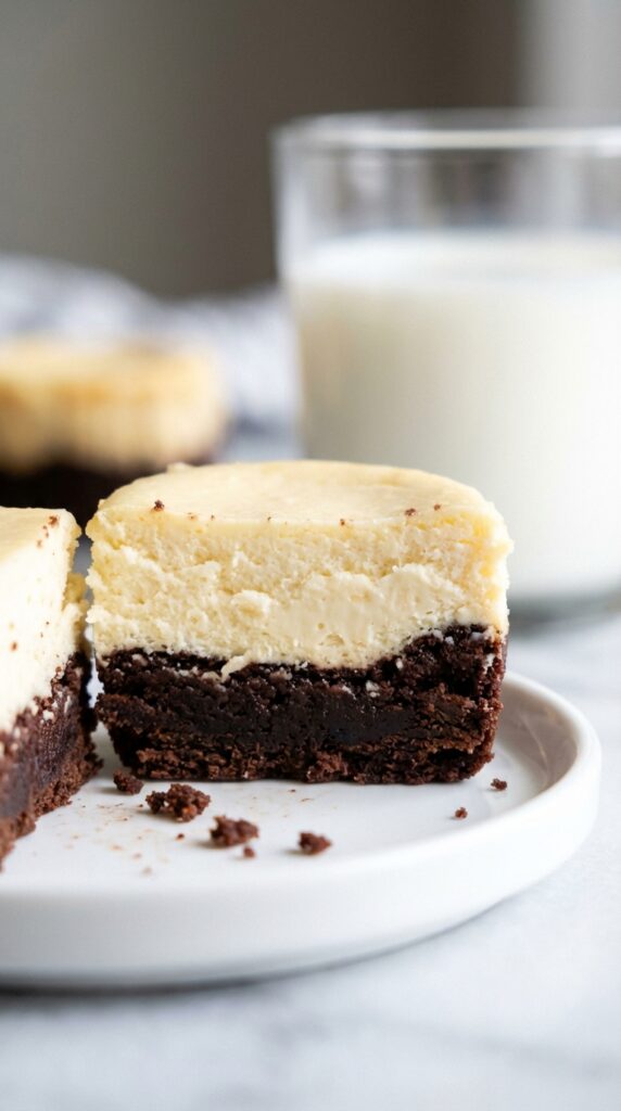 A close-up cross-section of a halved mini cheesecake showing a dense brownie bottom and a smooth cheesecake top on a white plate.
