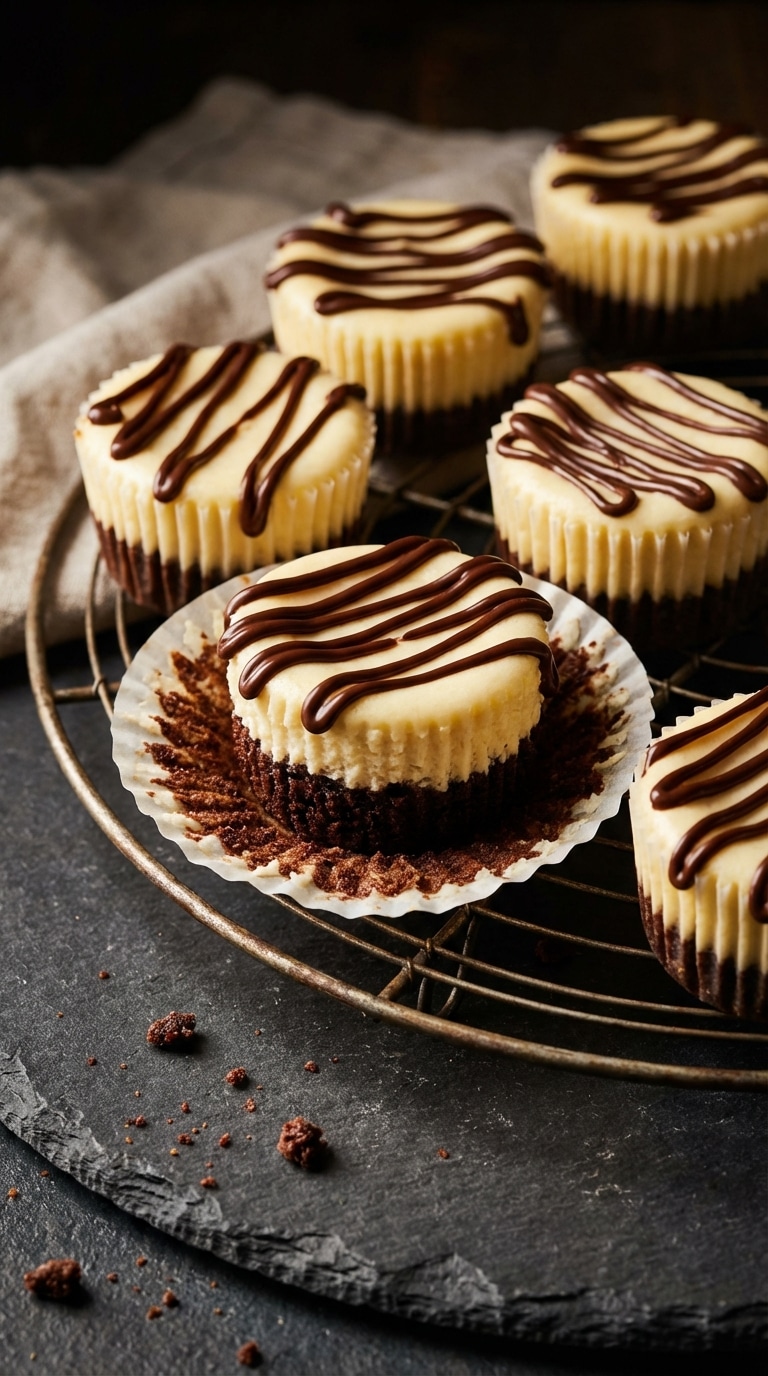 A close-up of several unwrapped mini cheesecakes showing a dark brownie bottom and white cheesecake top, drizzled with chocolate.