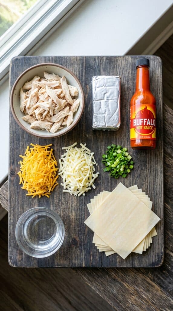 Overhead view of shredded chicken, cream cheese, buffalo hot sauce, shredded cheese, green onions, and egg roll wrappers on a wooden board.