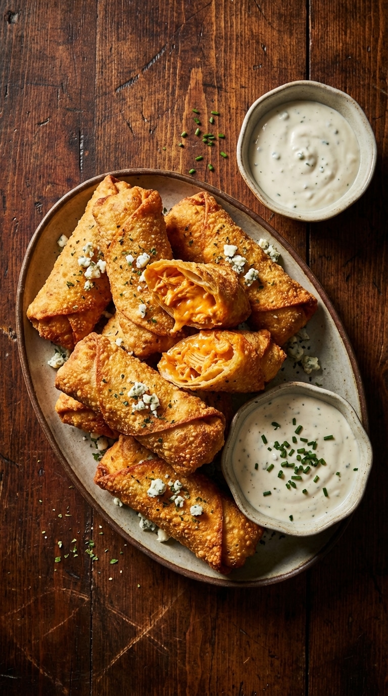A platter of crispy golden buffalo chicken egg rolls with one cut open to show the creamy orange cheesy filling, next to a bowl of blue cheese dip.