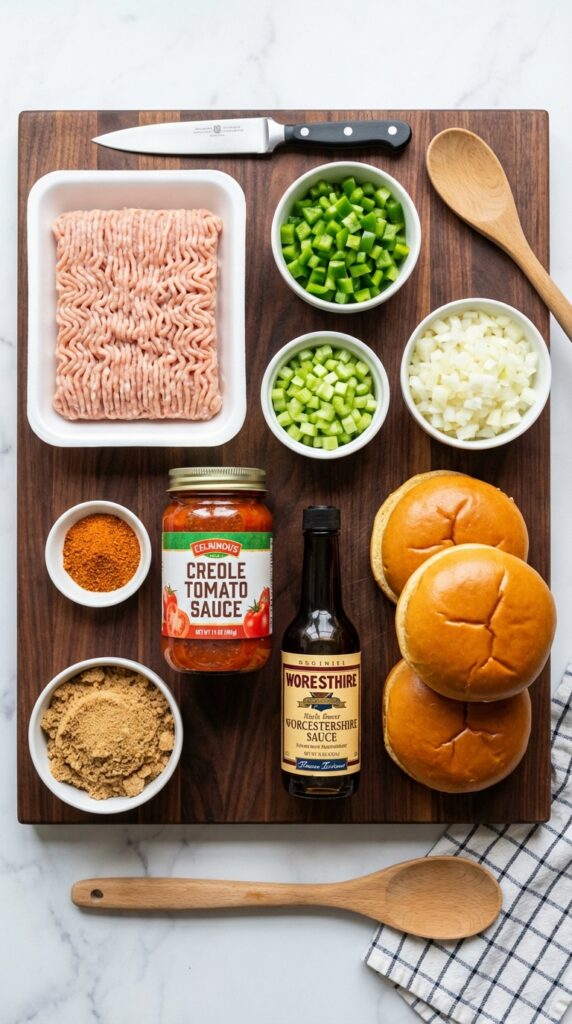 A flat lay showing ground chicken, diced green peppers, celery, onions, Cajun spices, tomato sauce, and brioche buns on a wooden board.