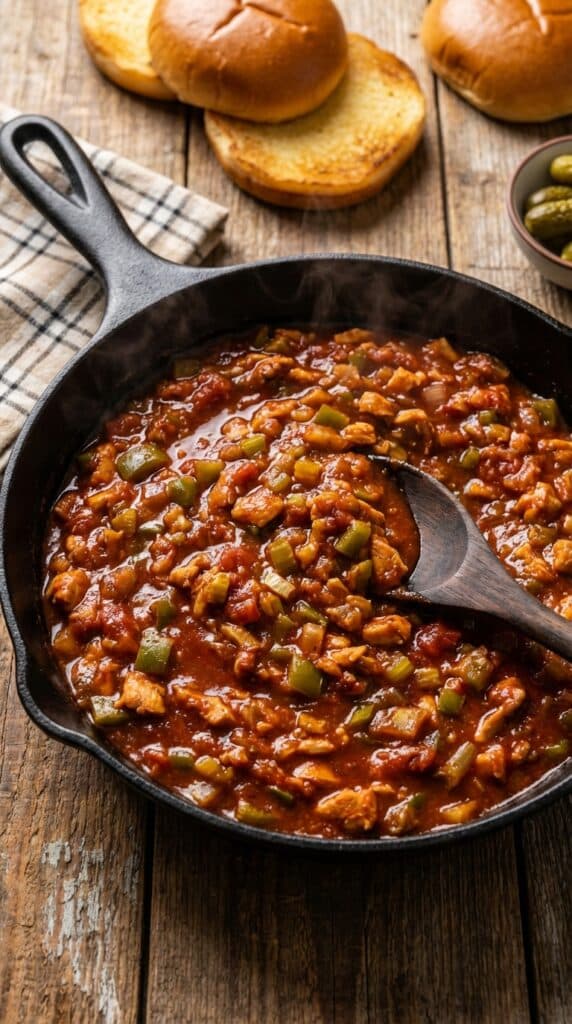 A close-up of a messy, overstuffed Cajun chicken sloppy joe sandwich on a brioche bun with the filling spilling out onto a plate.