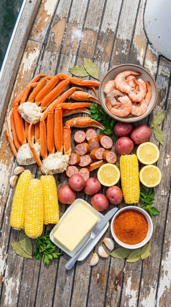 A flat lay showing raw crab legs, shrimp, sausage, corn, red potatoes, lemons, butter, and Cajun seasoning on a wooden board.
