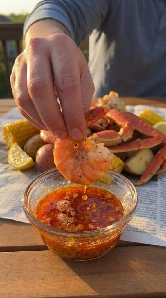 A close-up of a hand dipping a piece of shrimp into a small bowl of spicy melted garlic butter, with a seafood boil in the background.