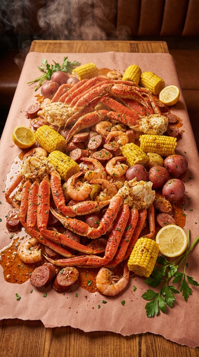 A large pile of Cajun boiled seafood including crab legs, shrimp, sausage, corn, and potatoes covered in garlic butter on butcher paper.