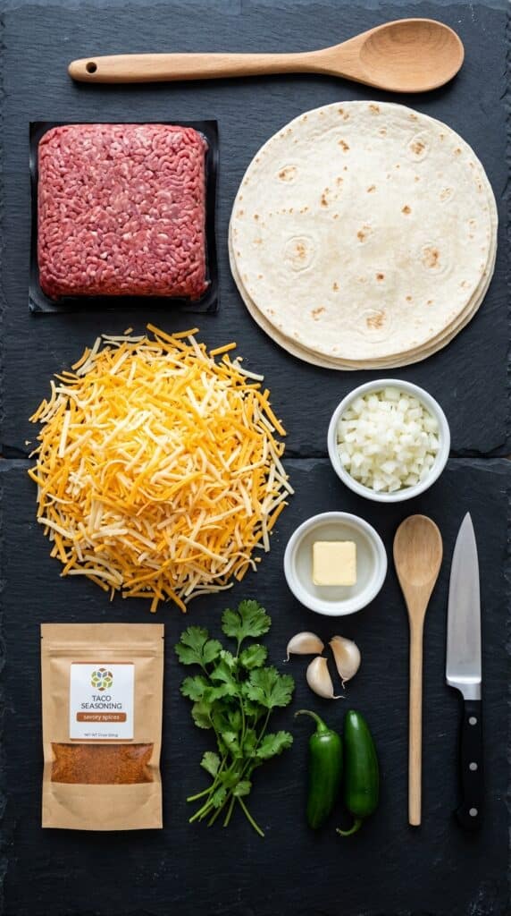 A flat lay showing ground beef, flour tortillas, shredded cheese, diced onions, spices, and butter on a dark slate board.