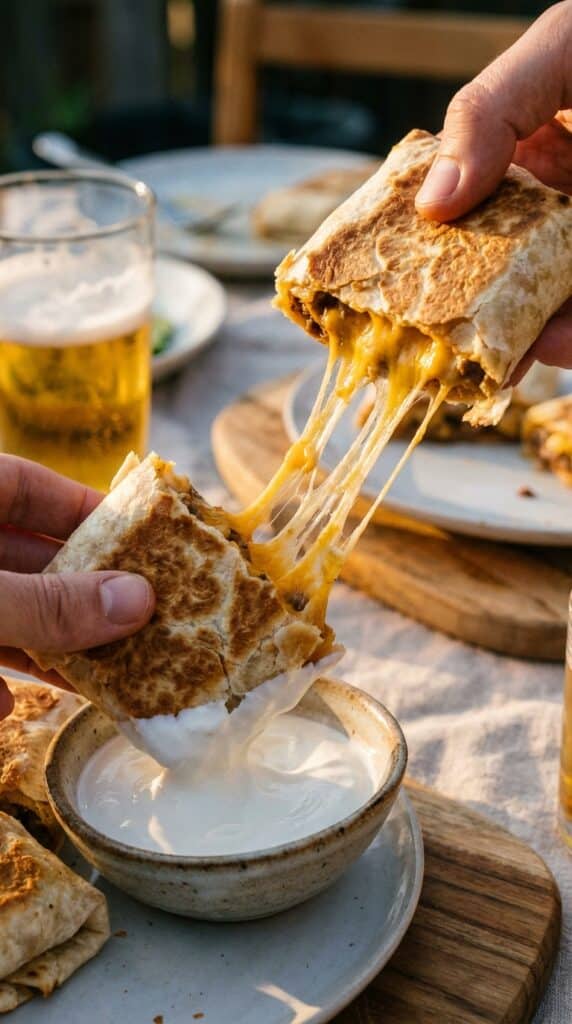 A close-up of a hand dipping a crispy, cheesy beef wrap into a bowl of sour cream, with a long cheese pull.