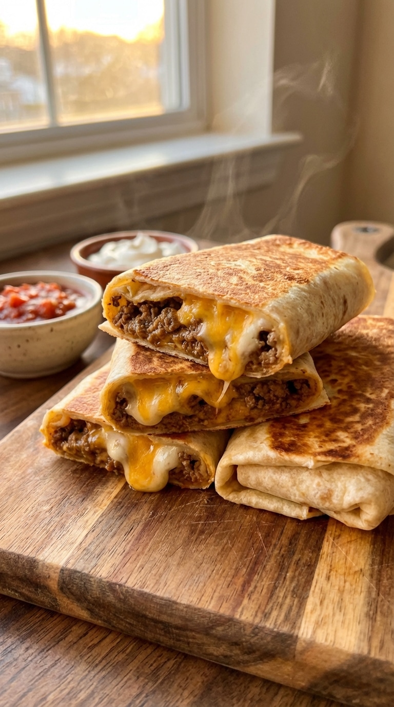 A stack of pan-toasted beef wraps cut in half, showing gooey melted cheese and seasoned ground beef inside.