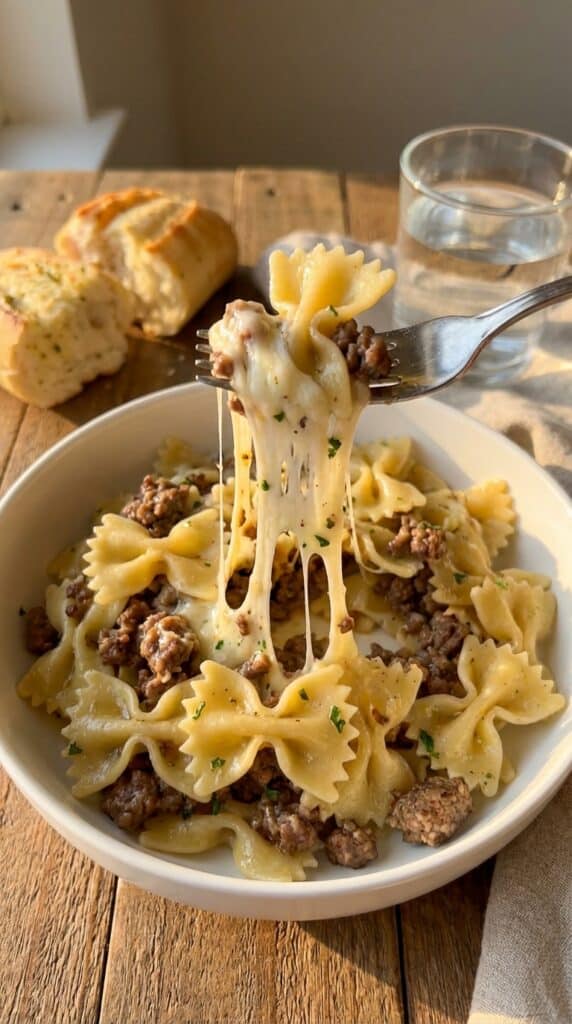 A close-up of a fork lifting a bite of bowtie pasta and beef with a long string of melted cheese stretching from a bowl.