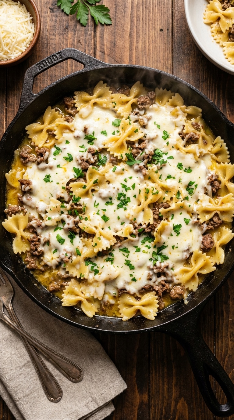 A top-down view inside a cast iron skillet filled with bowtie pasta and ground beef coated in garlic butter and topped with melted mozzarella cheese.