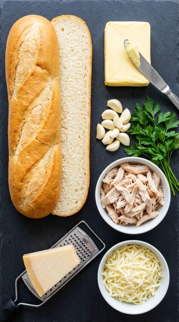 A flat lay showing an Italian loaf, butter, garlic, parsley, shredded chicken, and mozzarella cheese on a dark slate board.