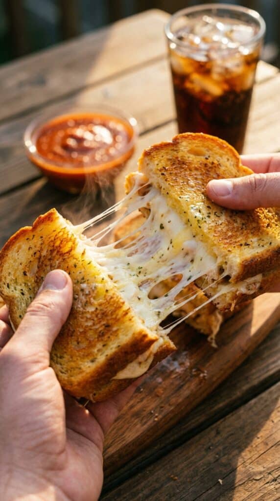 A close-up of hands pulling apart a hot garlic bread chicken sandwich, creating a massive stretch of melted cheese.