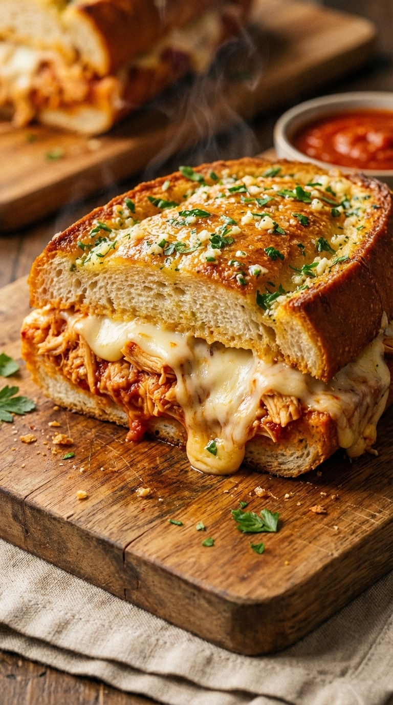 A close-up of a large sandwich made with garlic bread, stuffed with chicken, marinara, and oozing melted mozzarella cheese on a wooden board.