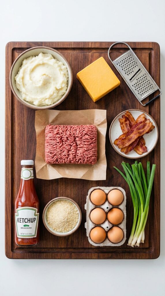 A flat lay showing raw ground beef, mashed potatoes, cheddar cheese, bacon, ketchup, eggs, and green onions on a wooden board.