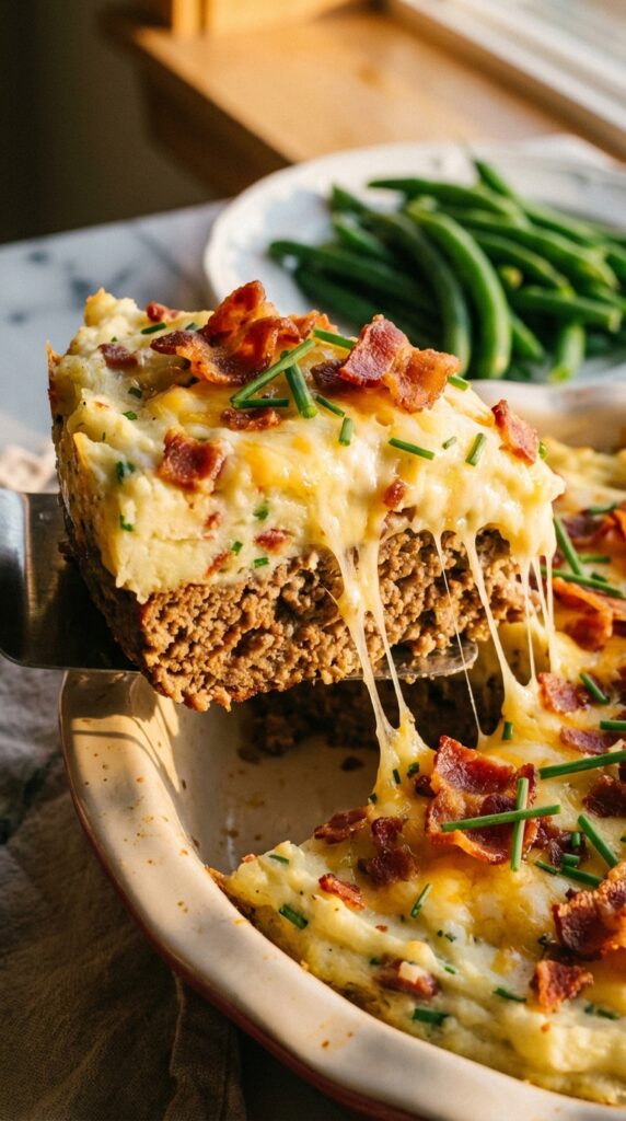 A close-up of a spatula lifting a square slice of meatloaf and potato casserole, showing the distinct beef and potato layers with a cheese pull.