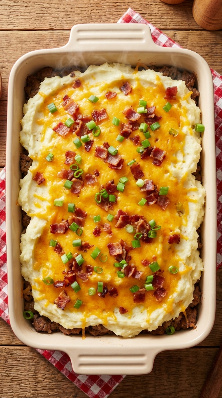 A 9x13 baking dish filled with a meatloaf base topped with mashed potatoes, melted cheddar cheese, bacon, and green onions.