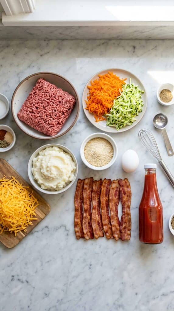 A flat lay showing raw ground beef, grated carrots and zucchini, mashed potatoes, shredded cheese, bacon, eggs, and ketchup on a marble board.