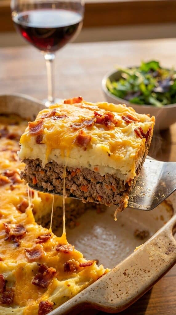 A close-up of a spatula lifting a slice of meatloaf casserole, showing distinct layers of meat, mashed potatoes, and melted cheese.