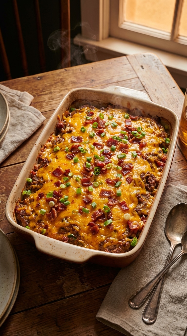 A top-down view of a rectangular baking dish filled with a baked casserole topped with bubbly melted cheddar cheese, crispy bacon, and green onions.
