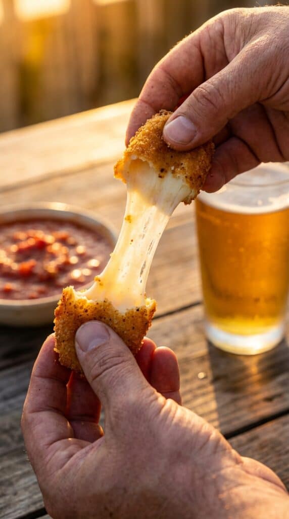 A close-up of a golden fried mozzarella bite being pulled apart by two hands, revealing a massive, stretchy cheese pull.