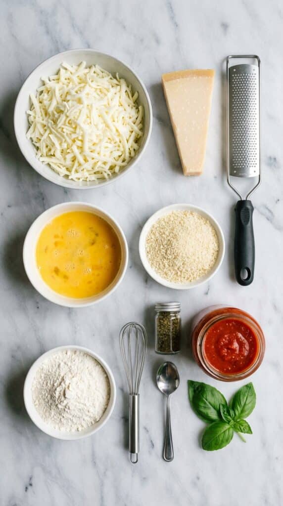 A flat lay showing shredded mozzarella, a parmesan wedge, eggs, breadcrumbs, spices, and marinara sauce on a marble board.