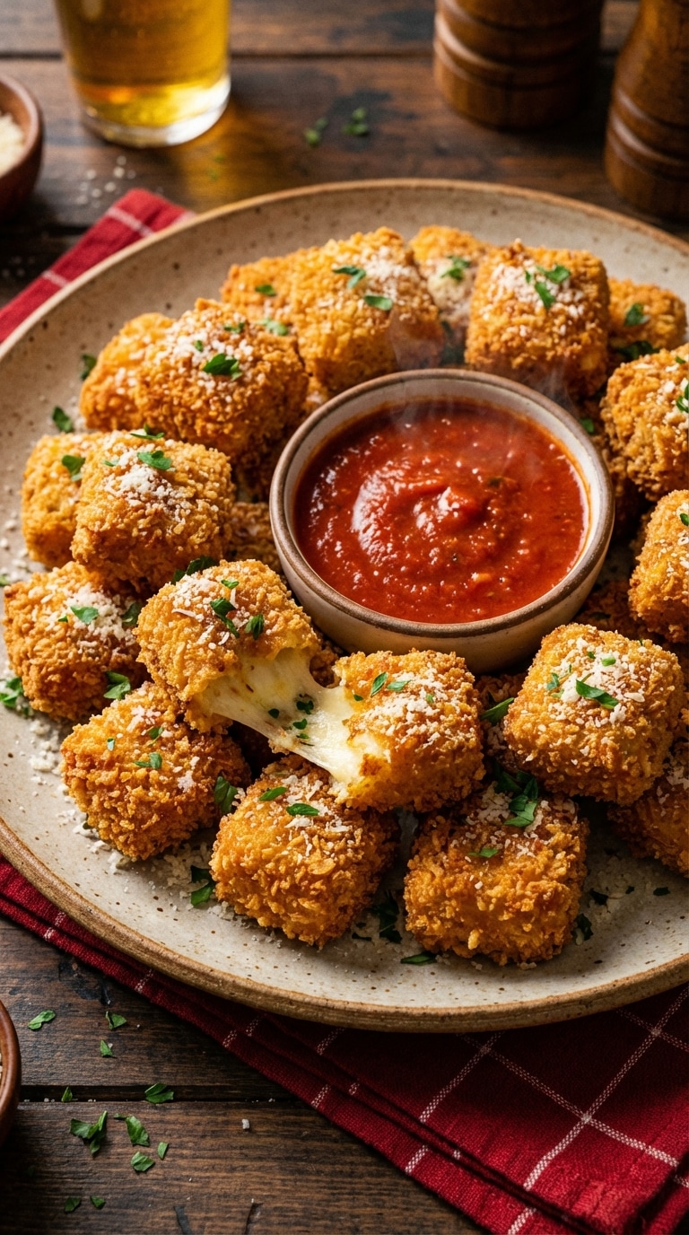 A rustic platter piled high with crispy golden mozzarella bites, dusted with parmesan and parsley, served with a bowl of marinara sauce.