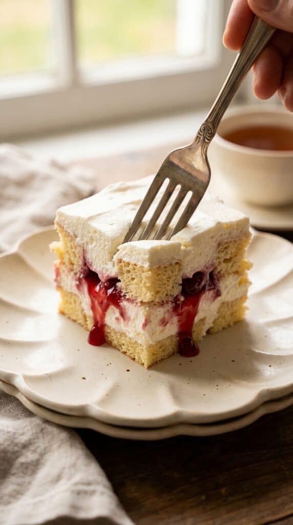 A close-up of a plated square of angel food cake and cream dessert topped with cherries, with a fork taking a bite.