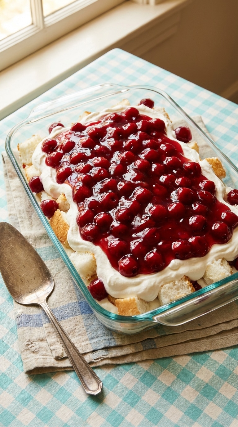 A glass baking dish filled with layers of angel food cake, white cream, and bright red cherry pie filling on a pastel blue tablecloth.