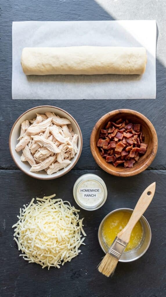 A flat lay showing raw pizza dough, shredded chicken, crumbled bacon, mozzarella cheese, ranch dressing, and garlic butter on a slate counter.