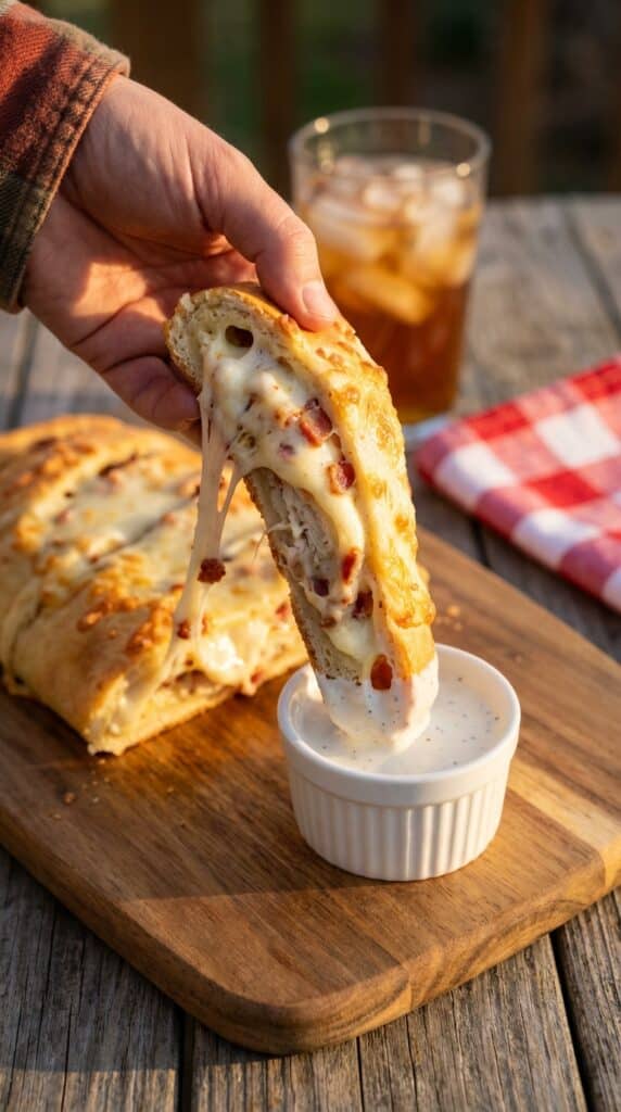 A close-up of a hand pulling a slice of chicken bacon ranch stromboli with a long cheese pull, dipping it into ranch dressing.