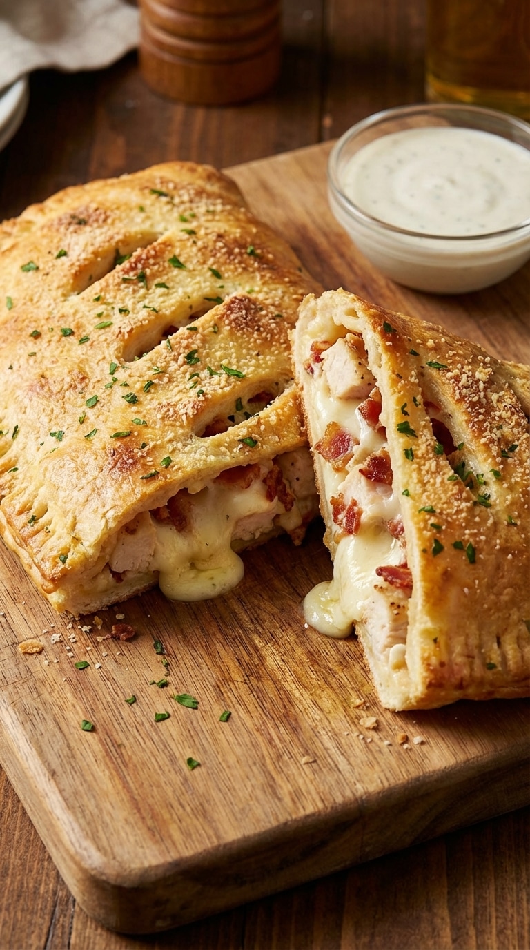 A golden brown baked stromboli cut in half on a wooden board, showing melted mozzarella, chicken, and bacon inside.