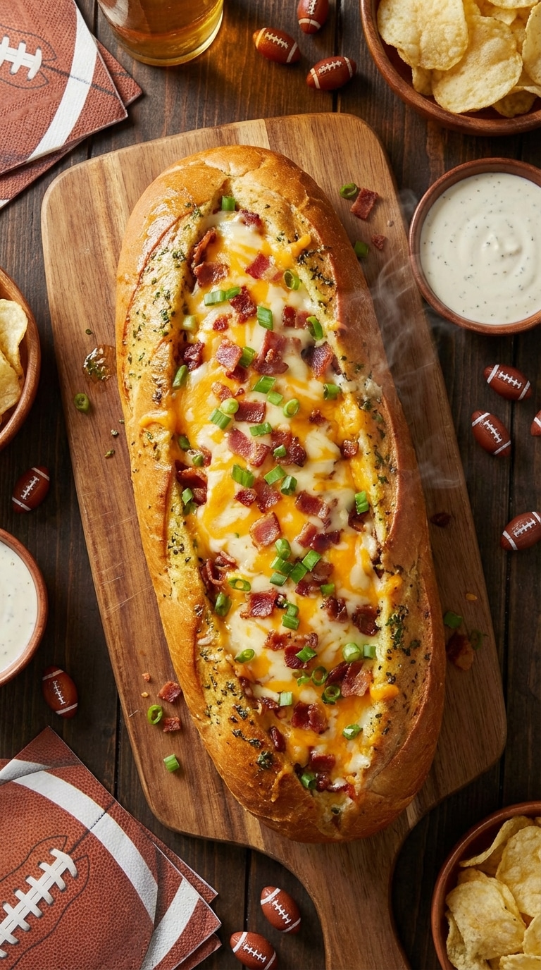 A top-down view of a crusty French bread loaf hollowed out and stuffed with melted cheese, chicken, and bacon on a wooden board.