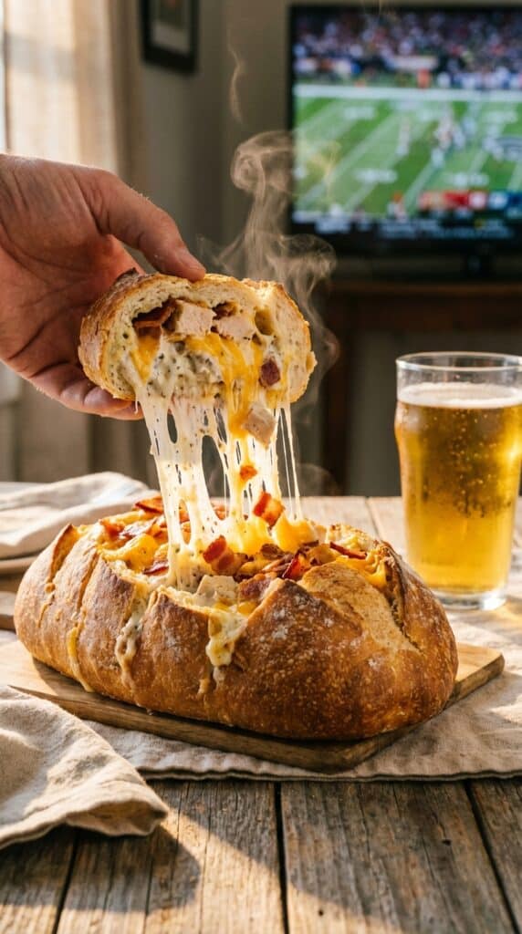 A close-up of a hand pulling a slice of stuffed bread from the loaf, creating a long, gooey cheese pull.