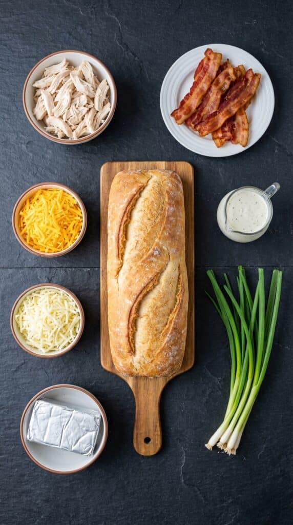 A flat lay showing a loaf of French bread, shredded chicken, bacon, cheddar, mozzarella, cream cheese, ranch dressing, and green onions.