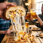 A close-up of a hand pulling a slice of stuffed bread away from the loaf, revealing a dramatic stringy cheese pull.